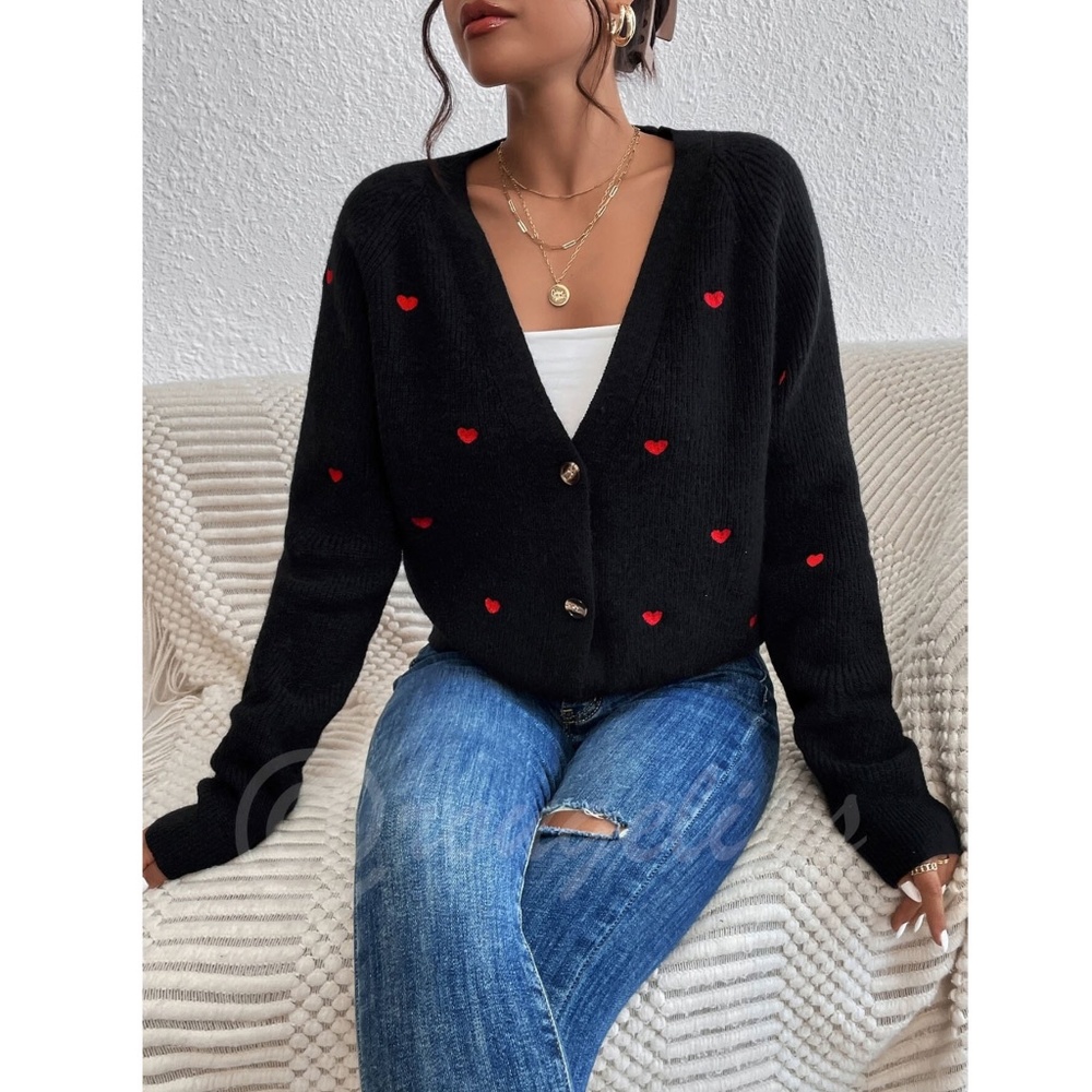 Red Hearts Cardigan Black Oversized Long Sleeve, Button Through Drop Shoulder - Picture 6 of 7